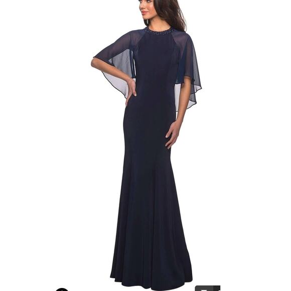 La Femme Navy Illusion Cape Trumpet Gown Jewel Neck Dress Size 16 Wedding Formal - Picture 1 of 11